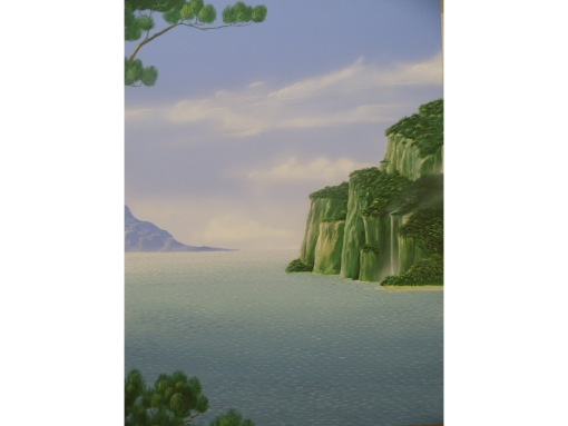 Phantasielandschaft mit Meerblick – Acrylmalerei
